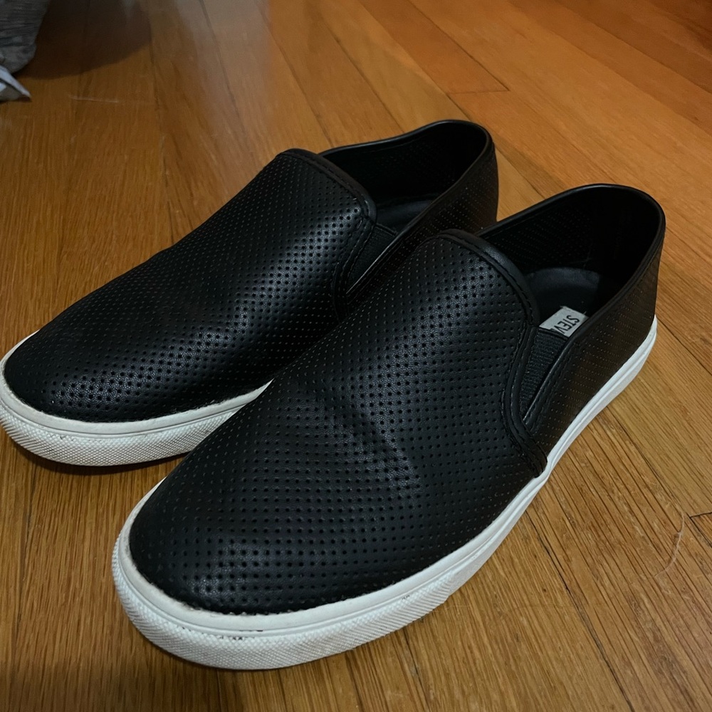 Steve Madden black slip ons, size 8.5